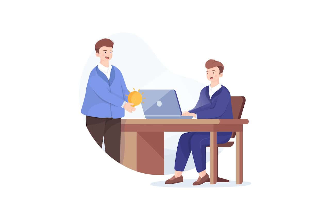 PMT_M62_Final cartoon of person sitting at desk talking with co-worker