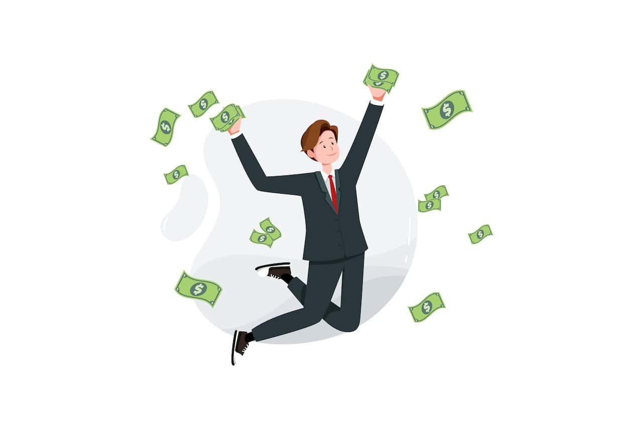 Basic RGB cartoon of man leaping for dollar bills